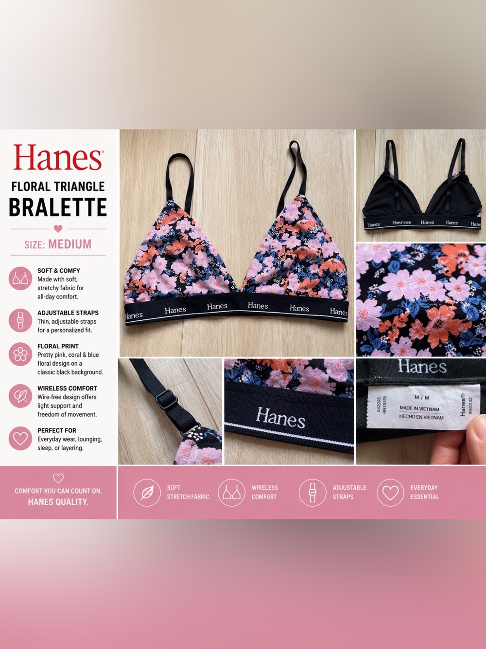 Hanes Floral Triangle Bralette Medium Pink Blue Black Wireless Soft Bra M
